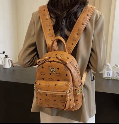 MCM Stark Visetos Small Side Gold Studded  Backpack Cognac