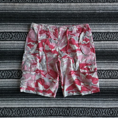 Vtg UFO Sz L Mid Rise Cutoff Cargo Parachute Drawstring Shorts Pink Camo