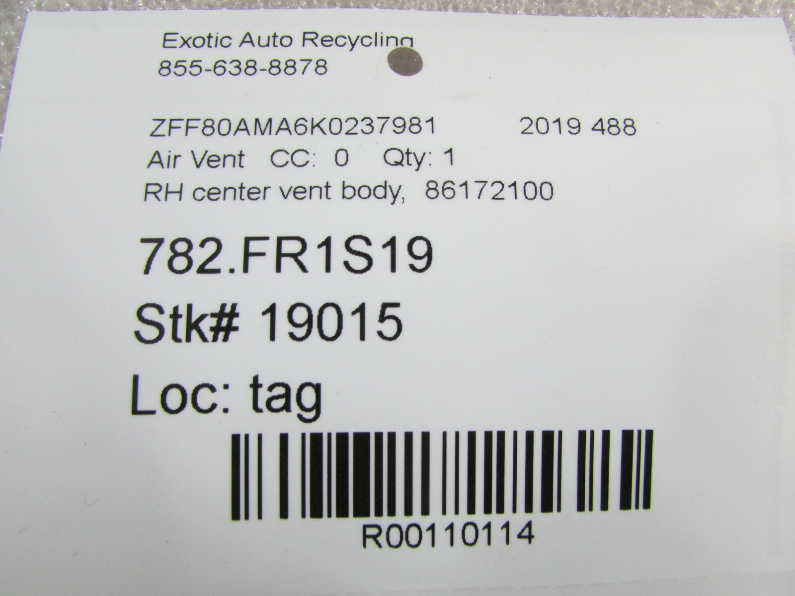 Ferrari 488, Center RH, Right Air Vent, Used, P/N 86172100