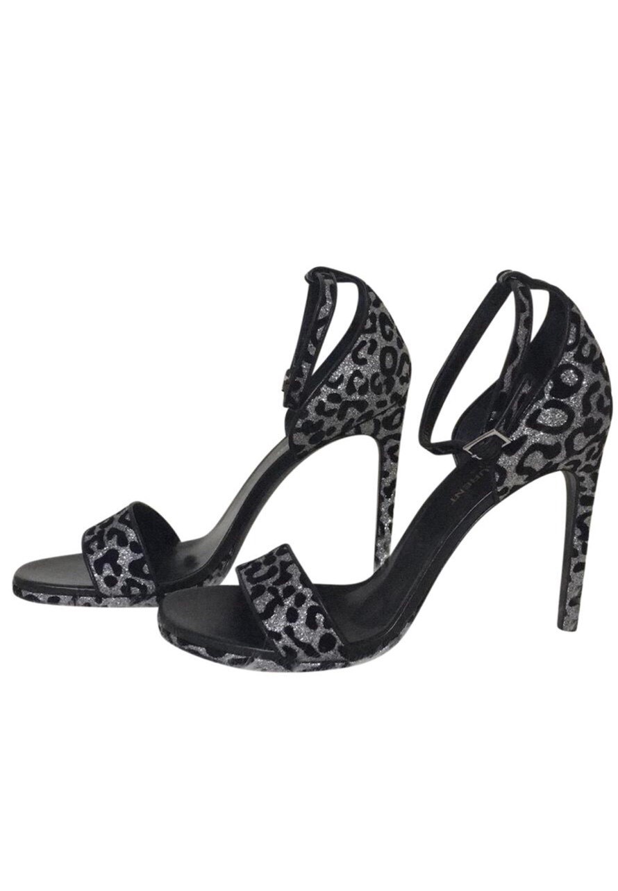 Sandali leopardati SaiNT LAURENT neri e argento glitter nuovi con scatola taglia 38 1 2