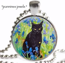 Black Cat NECKLACE Iris Flowers Art Print Silver Charm Pendant Cat Lover Gift