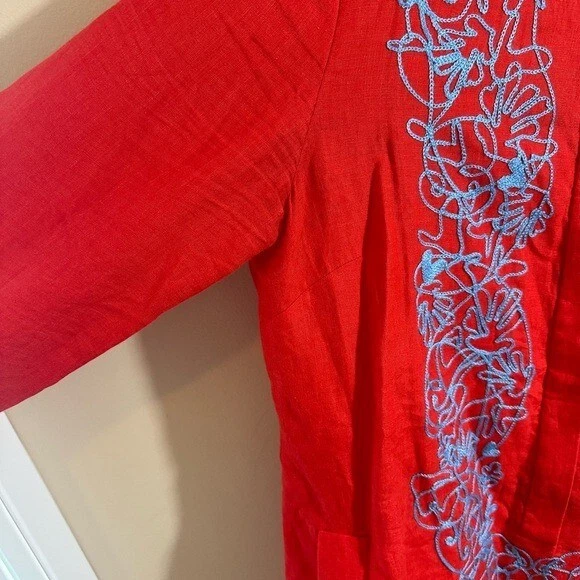 Top túnica Brooks Brothers bordado lino línea larga coral rojo azul talla 12 Foto 3 de 4