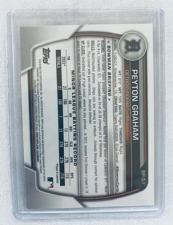 2023 Bowman Paper Peyton Graham Bowman 1st Gold Parallel /50 TIGERS - Image 2 of 2