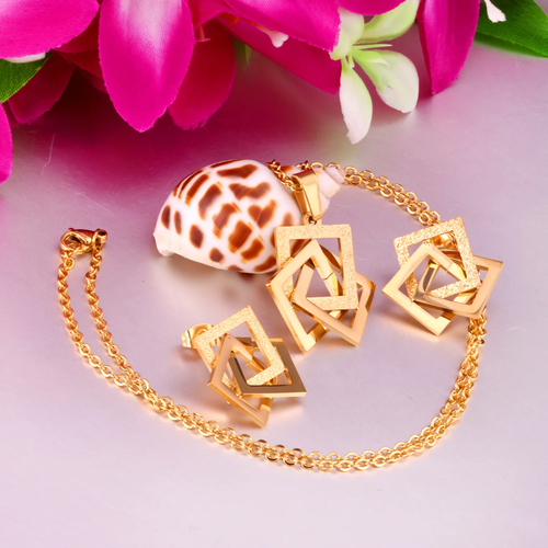 18k Gold Plated Triple Square Abstract Pendant Set with Earrings 3 pc - Picture 3 of 5