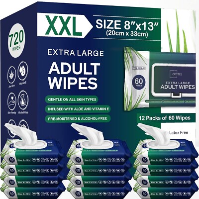 Adult Wipes For Elderly - 8''x13'' 720ct  Huge & Super Soft Wipes (Not-Flushable)