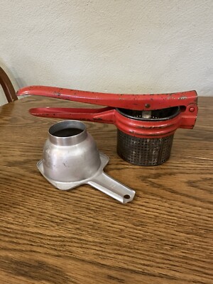 Vintage Metal Potato Ricer/Masher With Red Handle & Frame & Foley Funnel