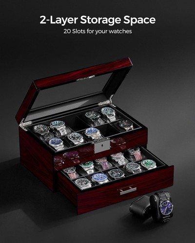 20 Slot Luxury Watch Box with Large Glass Lid & Lockable Design for Men & Women - Picture 4 of 11