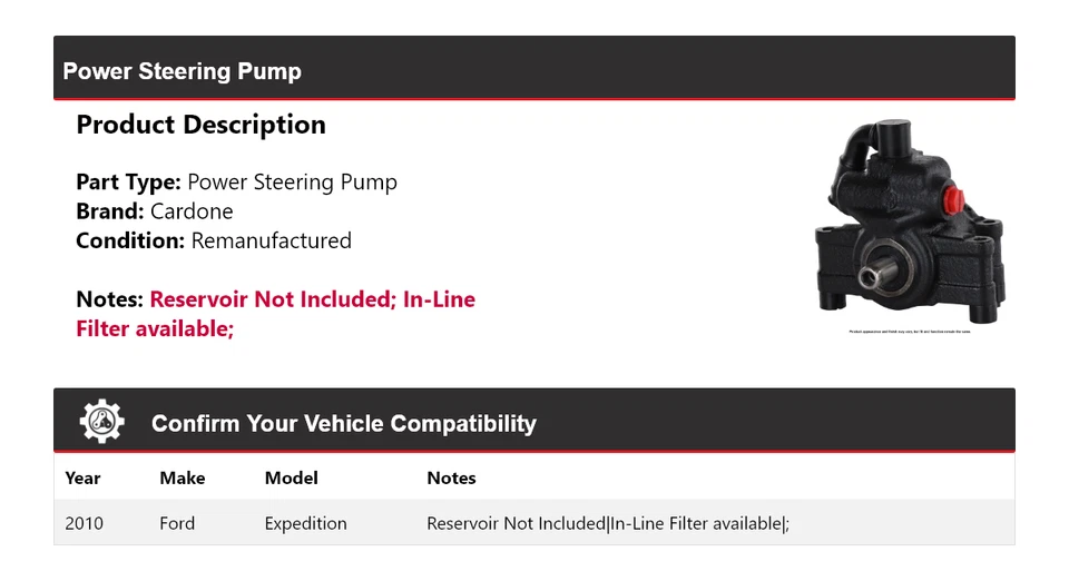 适用于 2010 福特 Expedition 动力转向泵 Cardone — 第 2/4 张图片