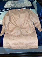 Adrianna Papell Womens Size 12P 2 Piece Skirt Suit Silk Dress TAN EMBELLISHED