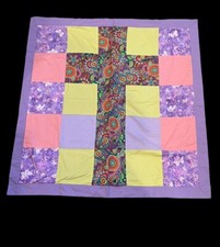 Handmade Boho Paisley Patchwork Religious Cross Lap Quilt Blanket Wall Decor