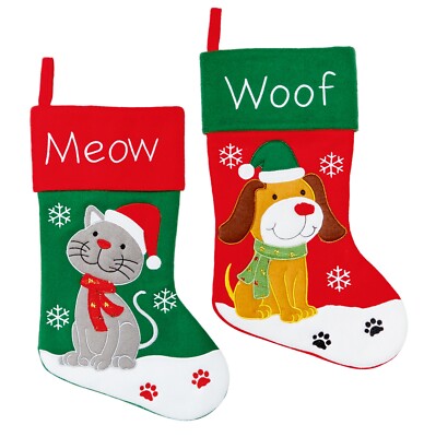 Choice of Two Designs Christmas Stockings for Dogs or Cats Woof or Meow Message