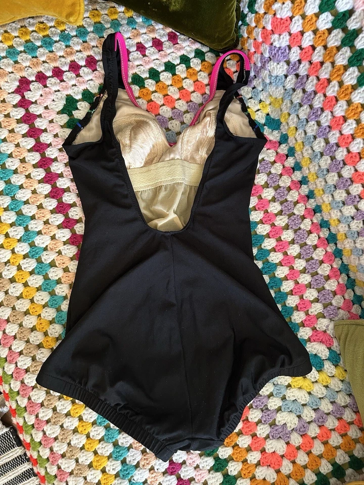 Vtg Retro CUTE Le Cove Swimsuit Black Neon Stripe PinUp Rockabilly UNION MADE SM - Image 4 of 4