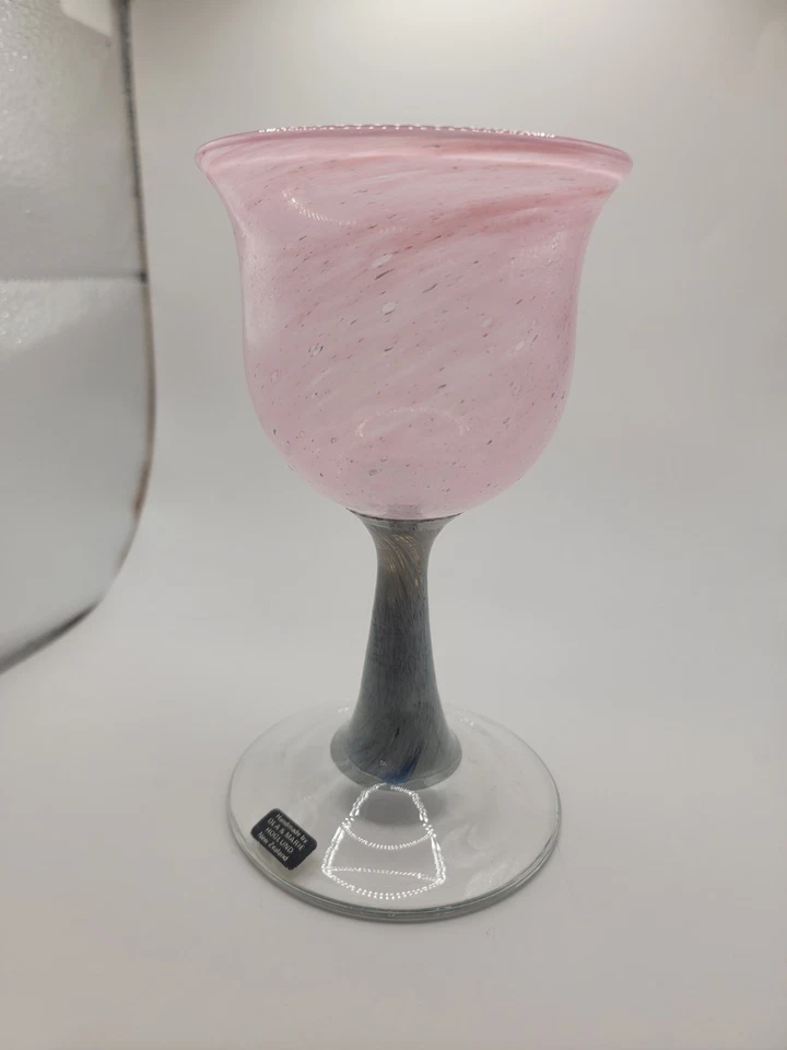Ola & Marie Hoglund New Zealand Art Glass Goblet Pink Swirl Grey Stem Etched . - image 3 of 4