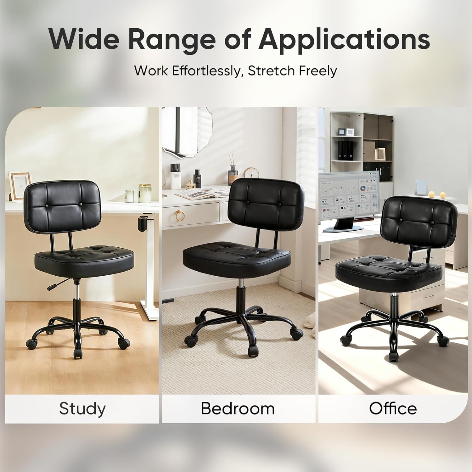 JHK Small Swivel Vanity Chair w/ Low Back,PU Leather Armless Rolling Desk Chair