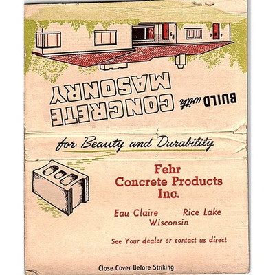 #ad Fehr Concrete Products Inc Eau Claire Rice Lake WI Large Matchbook Cover ML1 8 $27.00