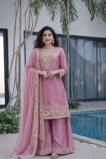 Stylish Look Heavy Silk Light Pink Top Palazzo With Dupatta For Function Wear