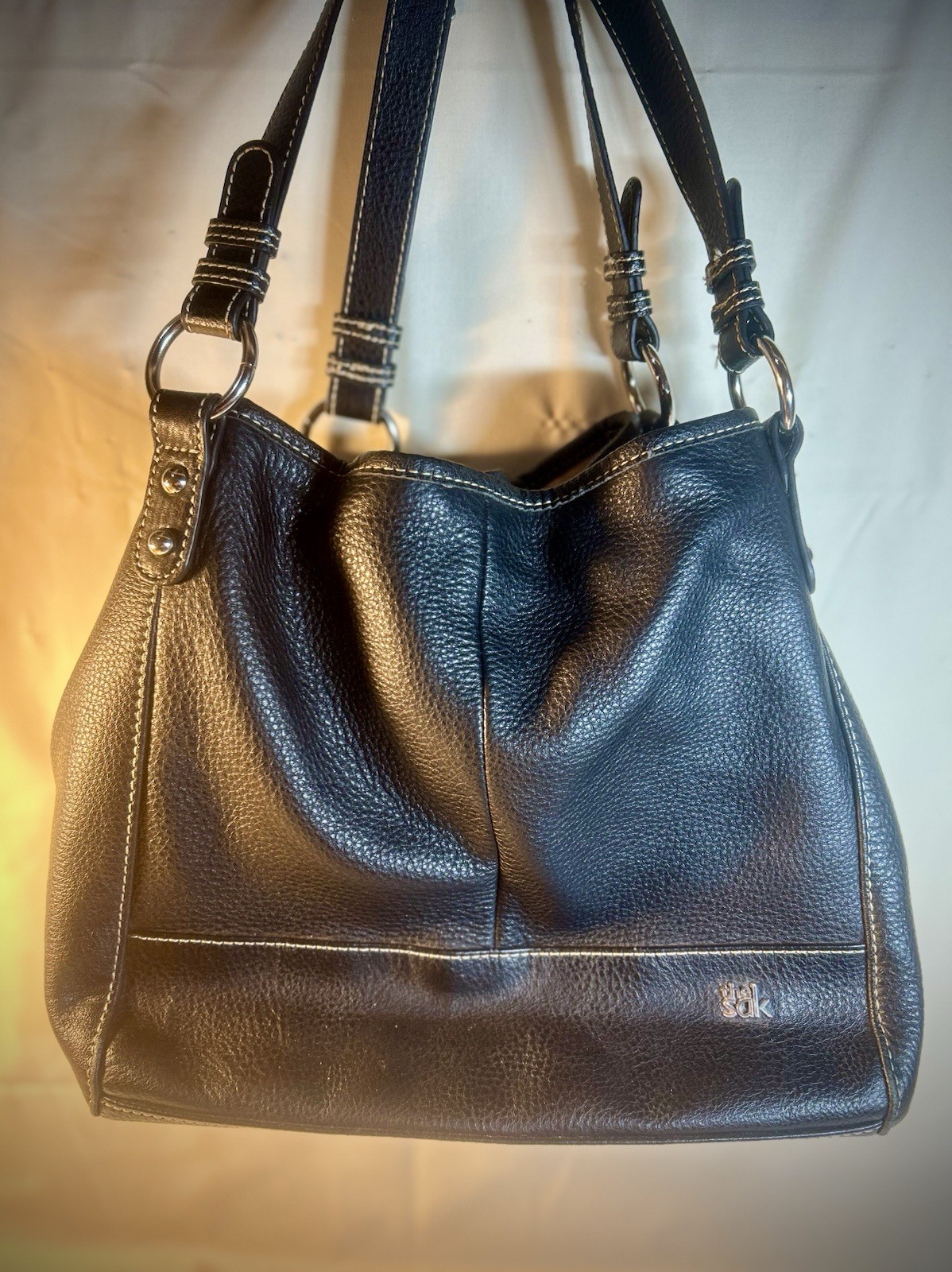 The SAK Purse Black Pebbled Leather Hobo Satchel Bag Double Handles & Snaps