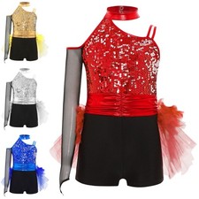 Kids Girls Jazz Dance Performance Costume Sparkly Feather Tulle Skirted Leotard