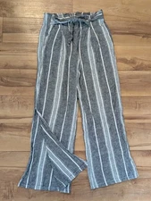 Rewash Wide Leg Pants Linen Blend Pull On Tie Front Open Leg Slit Striped Sz S