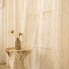 Beige Sheer Curtains 96 inch Length 2 Panels, Tree Branch Gold Foil Print Met...