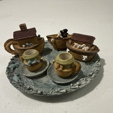 Vintage Noah's Ark Miniature Tea Set Animal Resin Figurine Decor Collectible