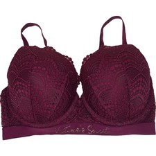 Victoria's Secret 34DD Push Up TShirt Full Coverage Bra Burgundy Red Floral Lace