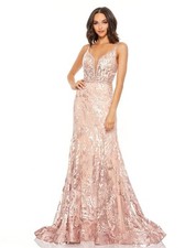 Mac Duggal 79369 Plunging Neck Embroidered Dress SIZE 10 ROSE PINK MOCHA $698