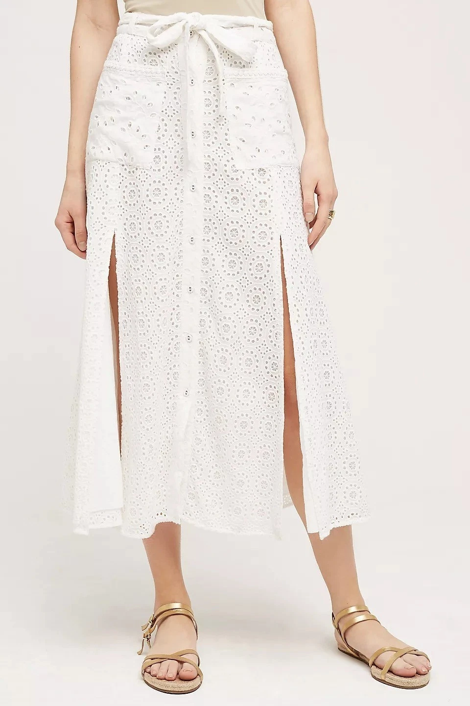Tularosa Indira Midi Skirt Eyelet Button Front Slit Tie Waist White XS Preppy