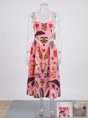 Nice To Meet You Pink Leopard Tropical Midi Dress L Sweetheart Sundress W/ Pocke