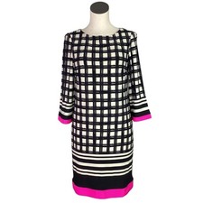 Eliza J Shift Dress Womens 8 Black Ivory Pink Trim Geometric 3/4 Sleeve Stretch