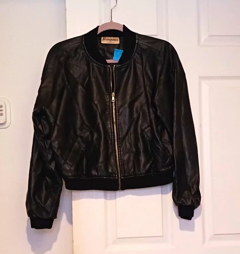 No Boundaries Women's Black Faux Leather Bomber Jacket Full Zip Pockets M - product listing photo