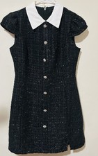 Lulus Black Tweed Sheath Dress Plaid Collared Button Short Sleeve Size M