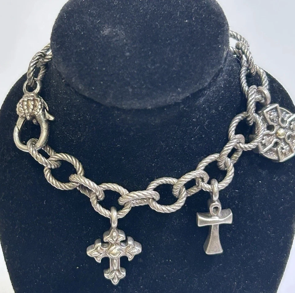 VTG. SIGN Heavy Ann King Sterling Silver 18k Cross Charm Bracelet 7.5”, 40.62 Gr - Image 4 of 4