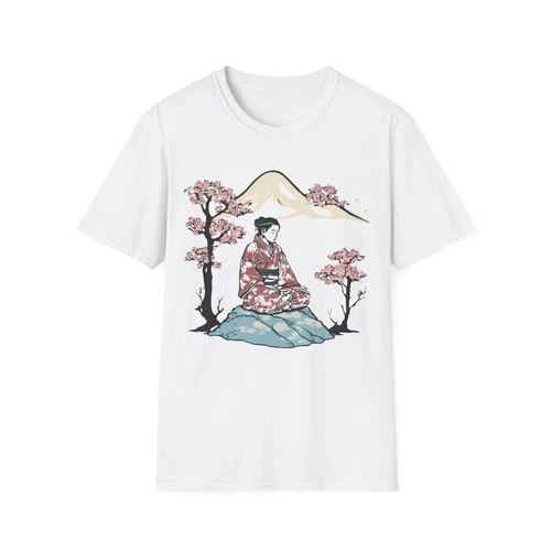 Kimono Meditation Mount Fuji Cherry Blossom Tee - Retro Japanese Art - product listing photo