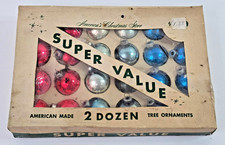 24 Vintage ACS 1.75" RED Silver Blue Glass Christmas Ornament Balls 18