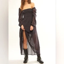 Free People Malina Maxi Dress Medium Black Embroidery Eyelet Cottagecore Peasant