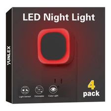 4 Pack Plug in Dimmable Red Night Light, Auto Dusk to Dawn Sensor,Soft Glow, ...