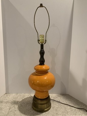 VTG Mid Century Orange Ceramic/Brass Table Lamp 30  Tall No Shade Crazing