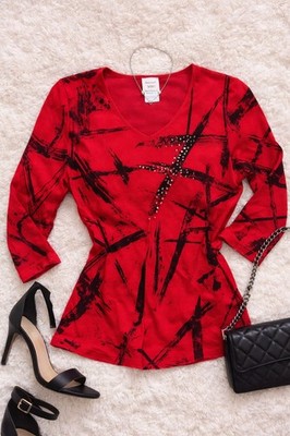 Jess Jane Red Rhinestone Top Y2K Abstract Print Made in USA Medium