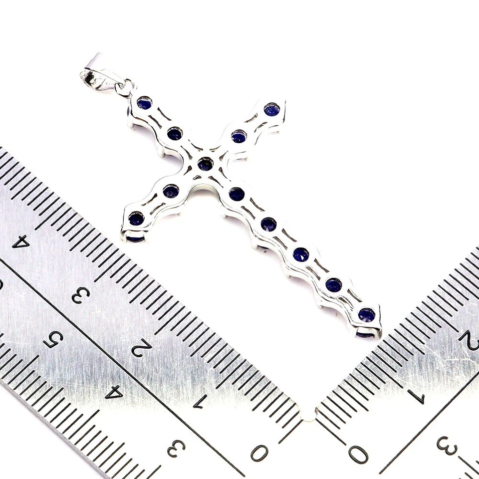 925 Pendente Argento Sterling Rotondo Zaffiro 3.5mm Croce Senza USA Import Tasse - Immagine 3 di 4