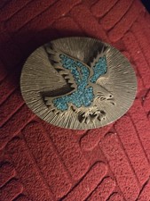 Vintage Brass Eagle Belt Buckle Turquoise Chip Inlay Oval Southwestern 1970s 80s