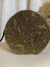 VTG Oscar De La Renta Gold Beaded & Black Satin Pillbox Purse Mini Read 