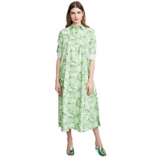 Ganni Green Floral Rose Cotton Maxi Shirt Dress Long Sleeve Size 32/0 XS