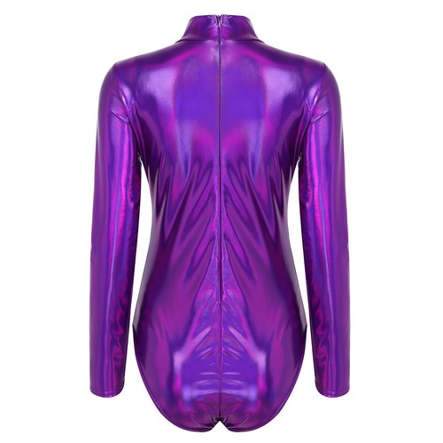 Womens Long Sleeve Shiny Metallic Spandex Turtleneck Dance Leotard Jumpsuit Club - Picture 45 of 49