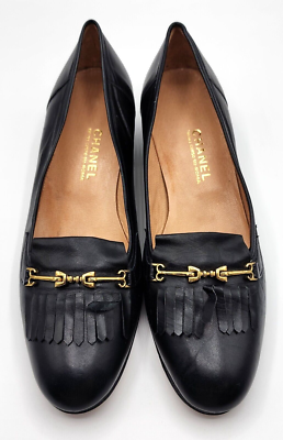 Vintage Chanel Black Leather Horse Bite Fringed Block Heel Shoes