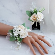 Wedding Wrist Corsage or Boutonniere Artificial Multiflora Rose White/Champagne