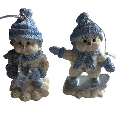 Vtg 1999 Encore Snow Buddies Snowboarding & Sledding Snowman Christmas Ornaments