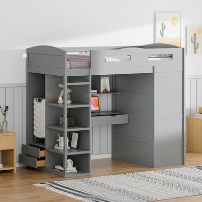 Twin Size Loft Bed with Desk, Wardrobes, 4 Drawers and 4 Shelves-Gray