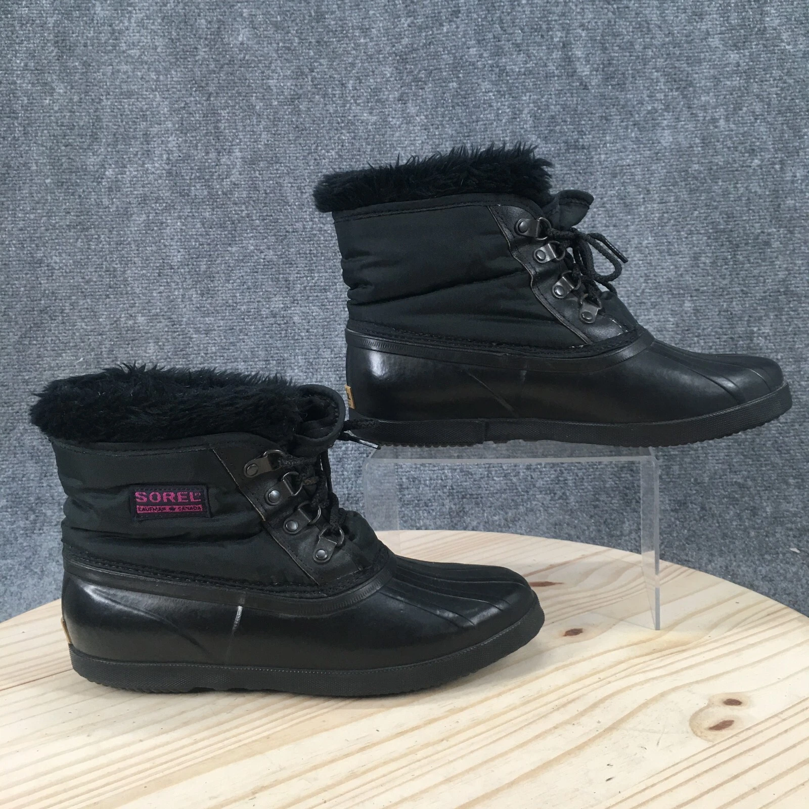 Sorel Kaufman Waterproof Winter Boots Womens 9 Black Rubber Lace Up Faux Fur