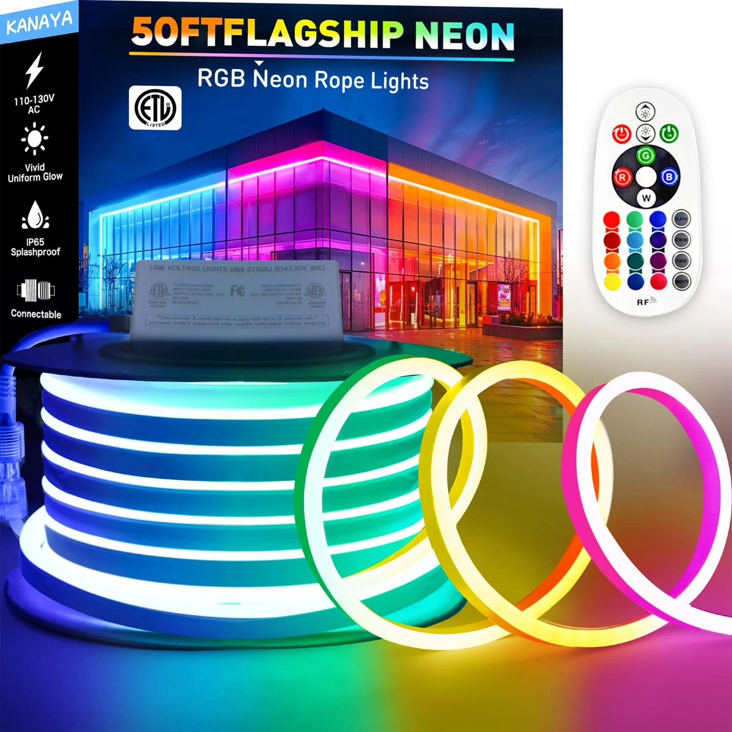 50Ft RGB LED Neon Rope Lights with Remote - Waterproof Color Changing Decor